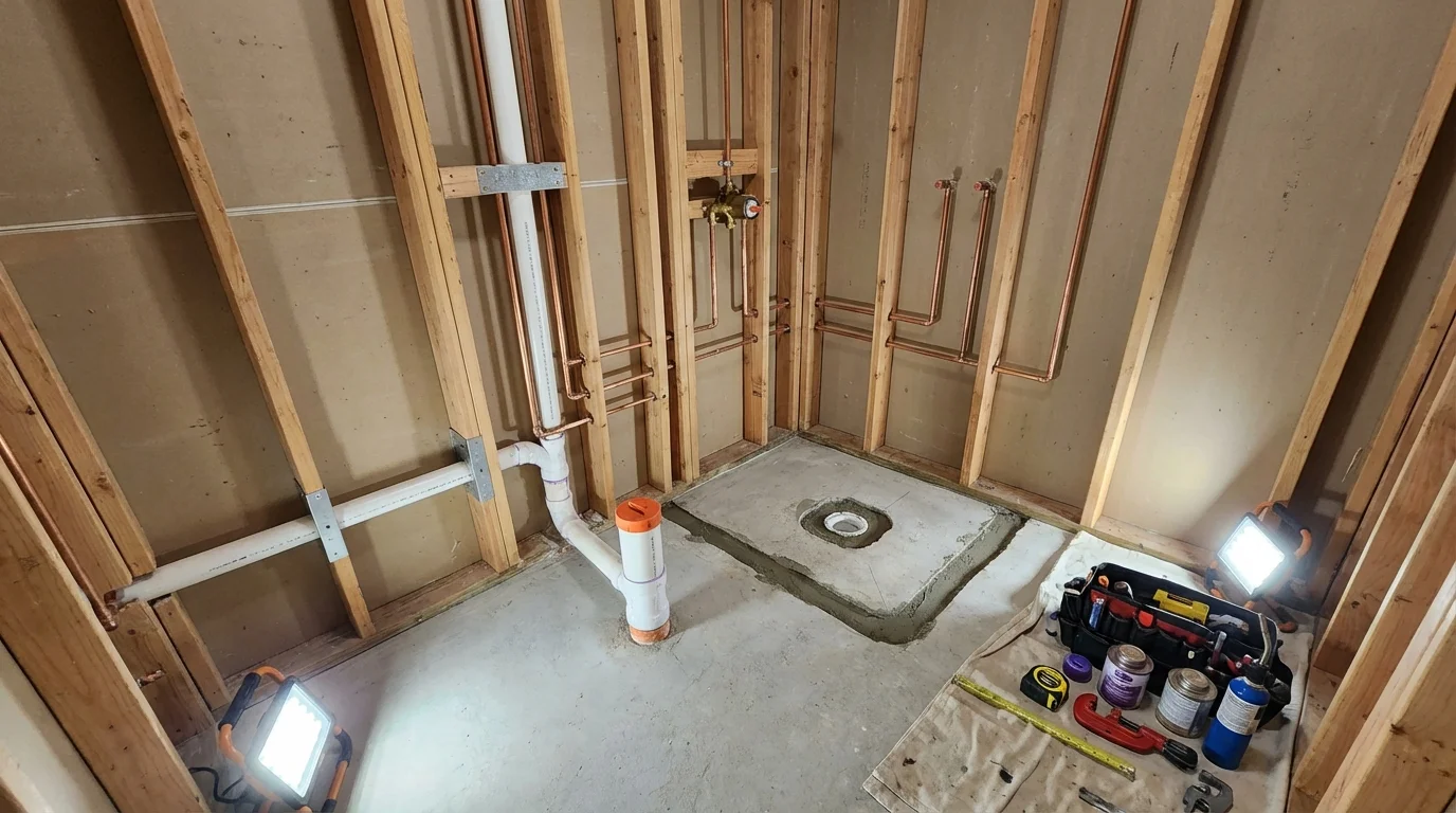 Bathroom rough-in plumbing during remodel by Johns Plumbing LLC in Taylors Falls