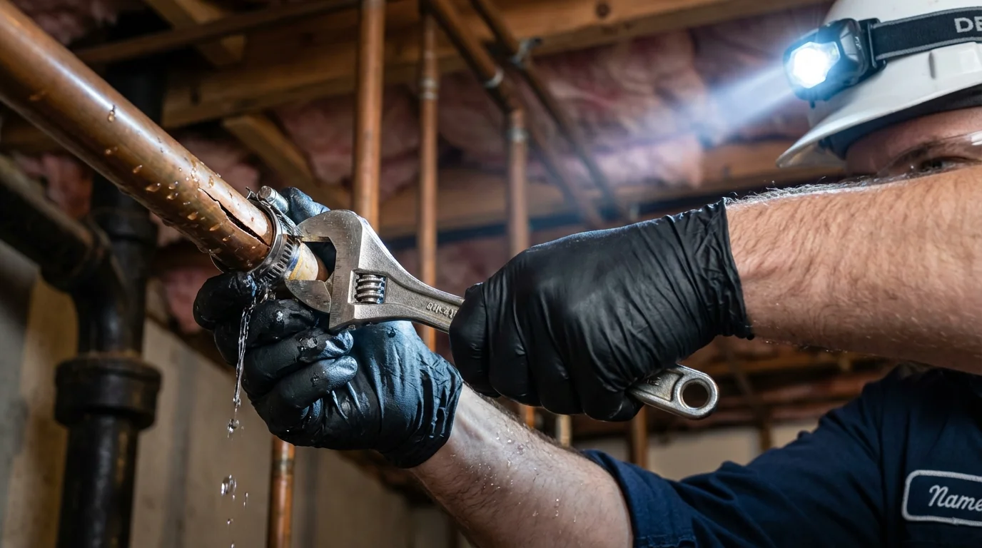 Emergency pipe clamp repair being performed by a Johns Plumbing LLC plumber in Taylors Falls
