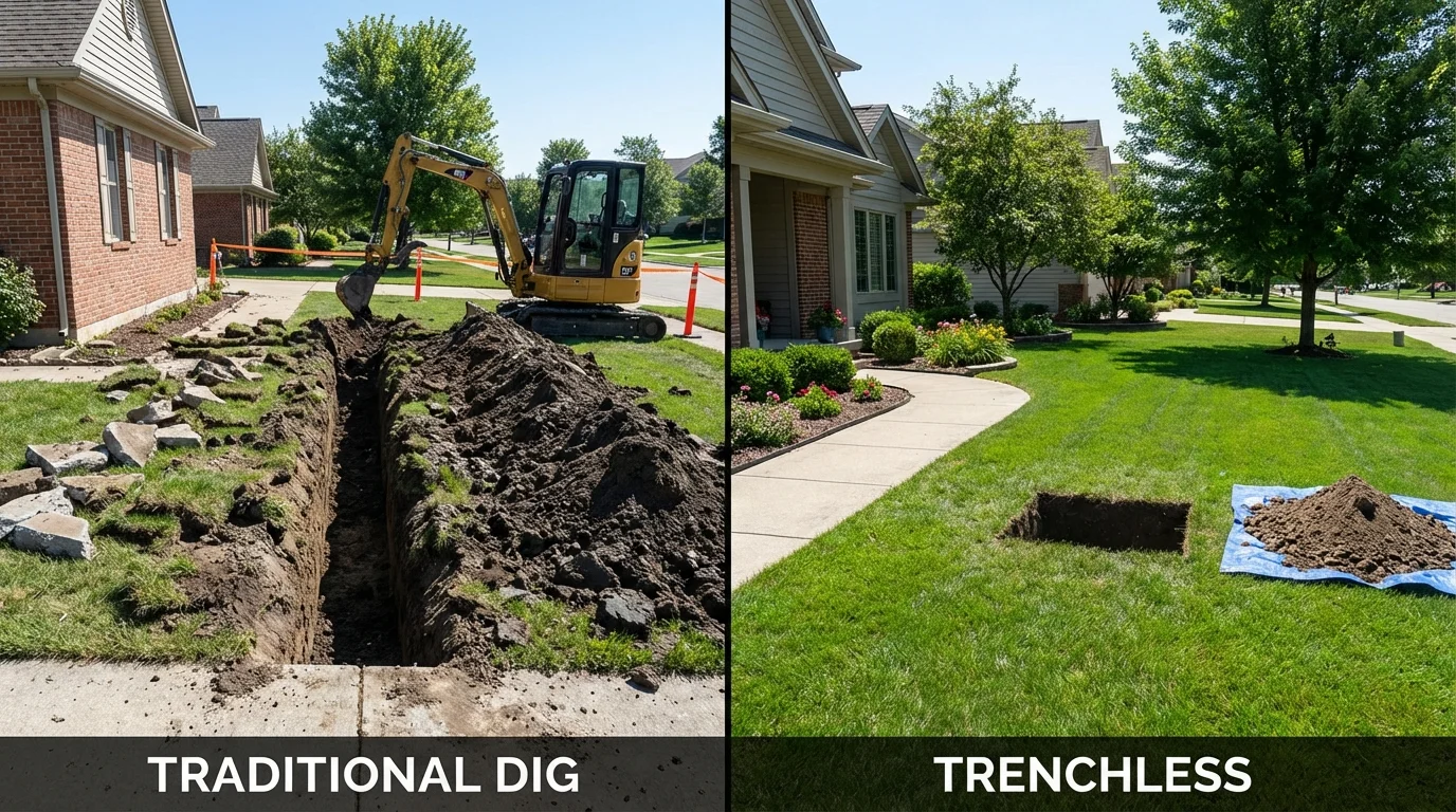 Trenchless sewer repair with minimal yard damage versus traditional excavation in Taylors Falls, MN
