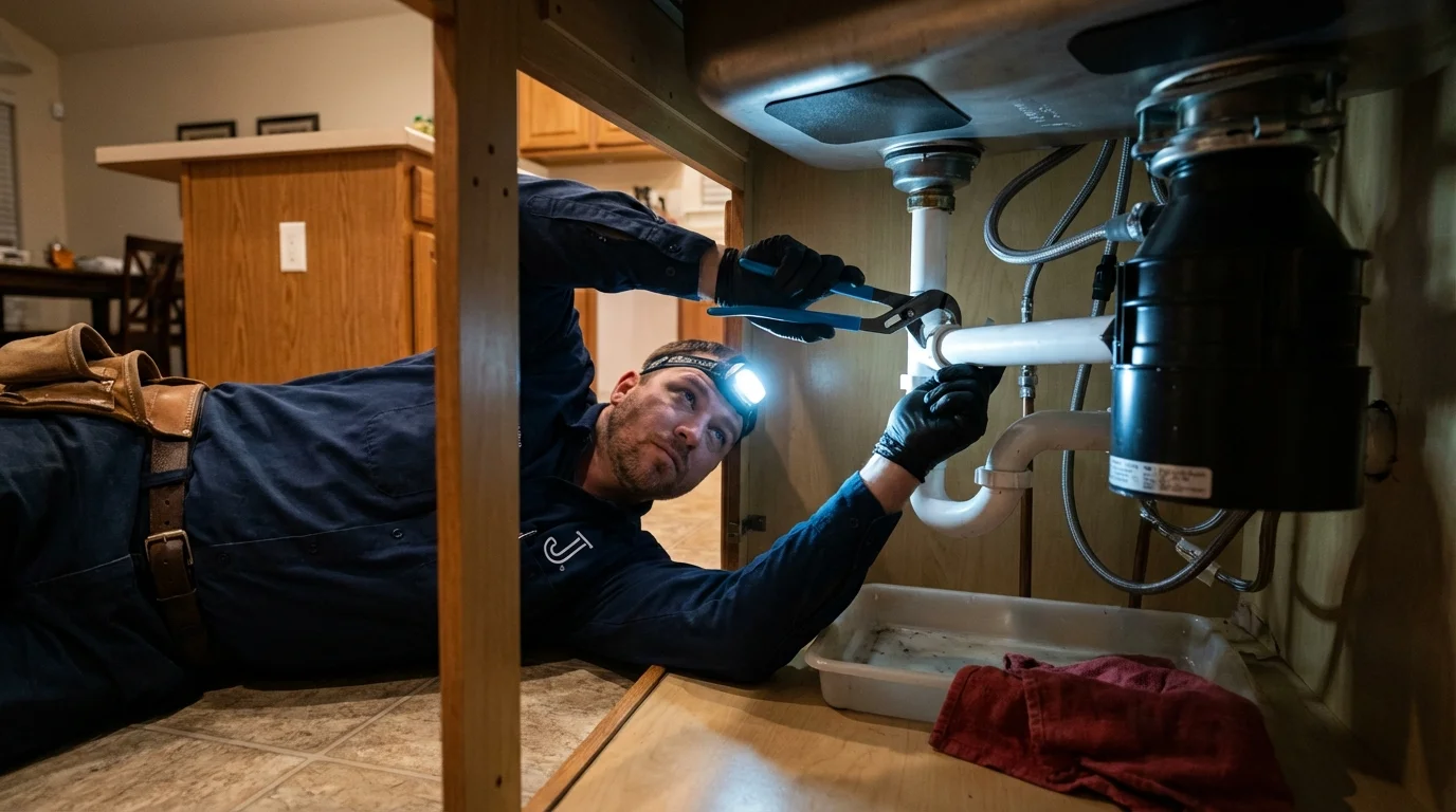 P-trap and supply line connections under a kitchen sink showing a common leak point in Taylors Falls, MN